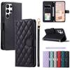 Checkered Leather Wallet Case For Samsung Galaxy S25 S24 S23 Ultra S22 S21 S20 FE S10 Note 20 10 PlusLanyard Flip Phone Cover