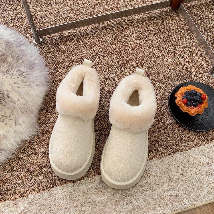 [Cowhide Edition] Seoul Falling Snow~ Fleece Sheepskin and Fur Integrated Thick Bottom Low Top Fluffy Snow Boots Women's Winter