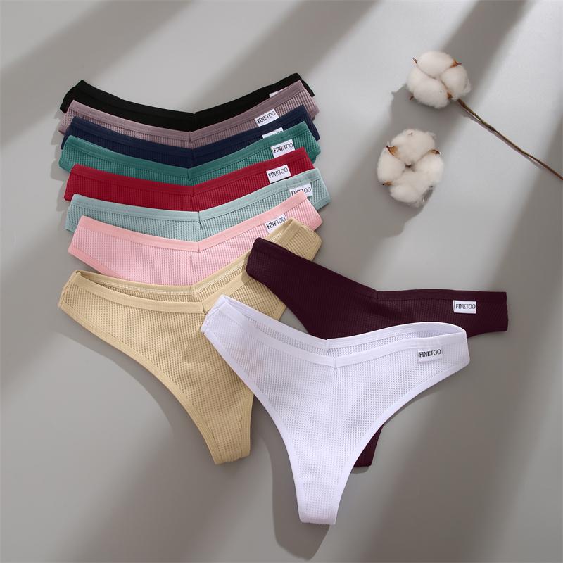 FINETOO 7Pcs Women Cotton Thongs Clothing Comfortable Waffle G-string Panties Female Low-Rise T-Back Underwear Bikini Lingerie