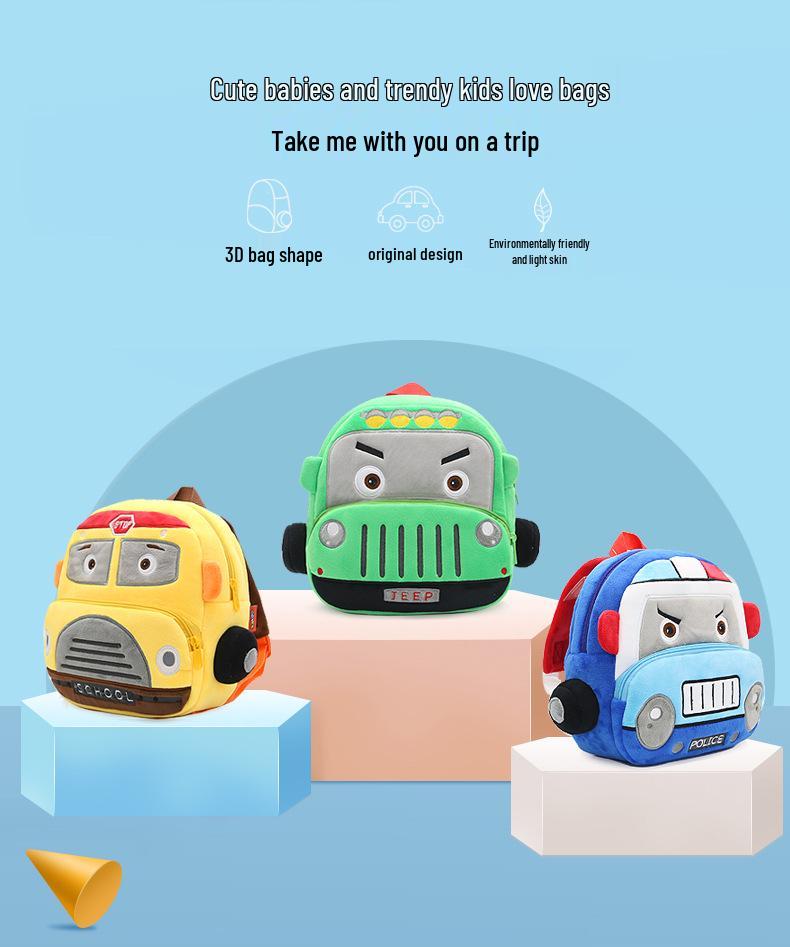 Customizable Plush Cartoon Car Backpack for Kids 2-4, Printed with Logo - Perfect for Kindergarten.
