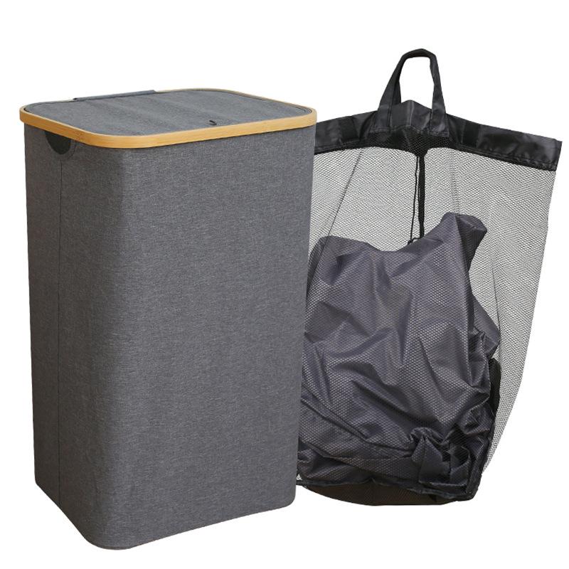 Foldable Bamboo Laundry Basket with Lid and Inner Bag for Bedroom or Bathroom