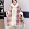 Women's Autumn/Winter Hooded Cape with Chinese Frog Button and Rabbit Fur Shawl, Plus Velvet Woolen Coat.