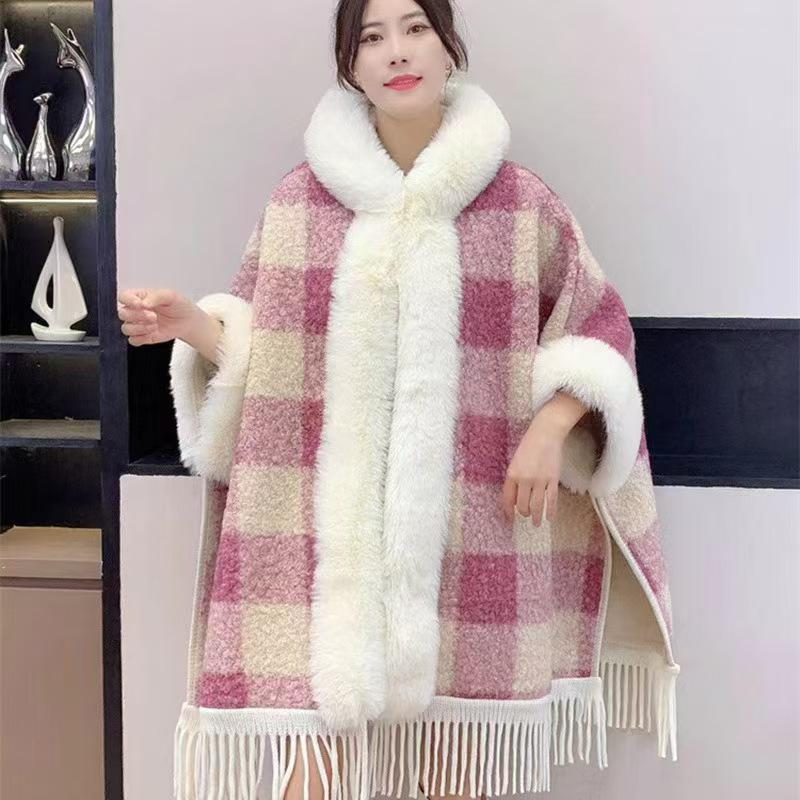 Women's Autumn/Winter Hooded Cape with Chinese Frog Button and Rabbit Fur Shawl, Plus Velvet Woolen Coat.