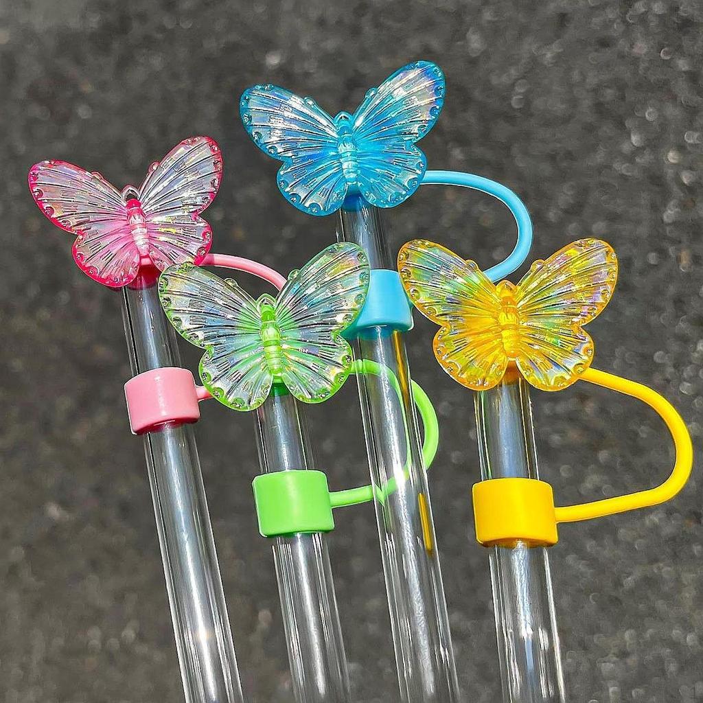 4 Pack of Drinking Straw Caps for 10mm Straws, Butterfly Design, Silicone Toppers