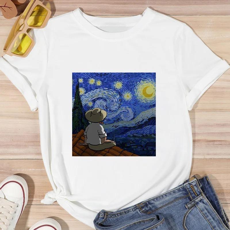 ZX TEE Van Gogh Printed Streetwear Fashion Girls T-Shirts Harajuku White Clothing Short Sleeve Summer Tees Casual Female O-Neck Tops