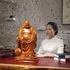 Wooden Buddhist Statue, Hotei, One of the Seven Lucky Gods, Carved from Yellow Quince Wood, High-Quality Natural Quince Wood, Good Fortune Amulet (Siz