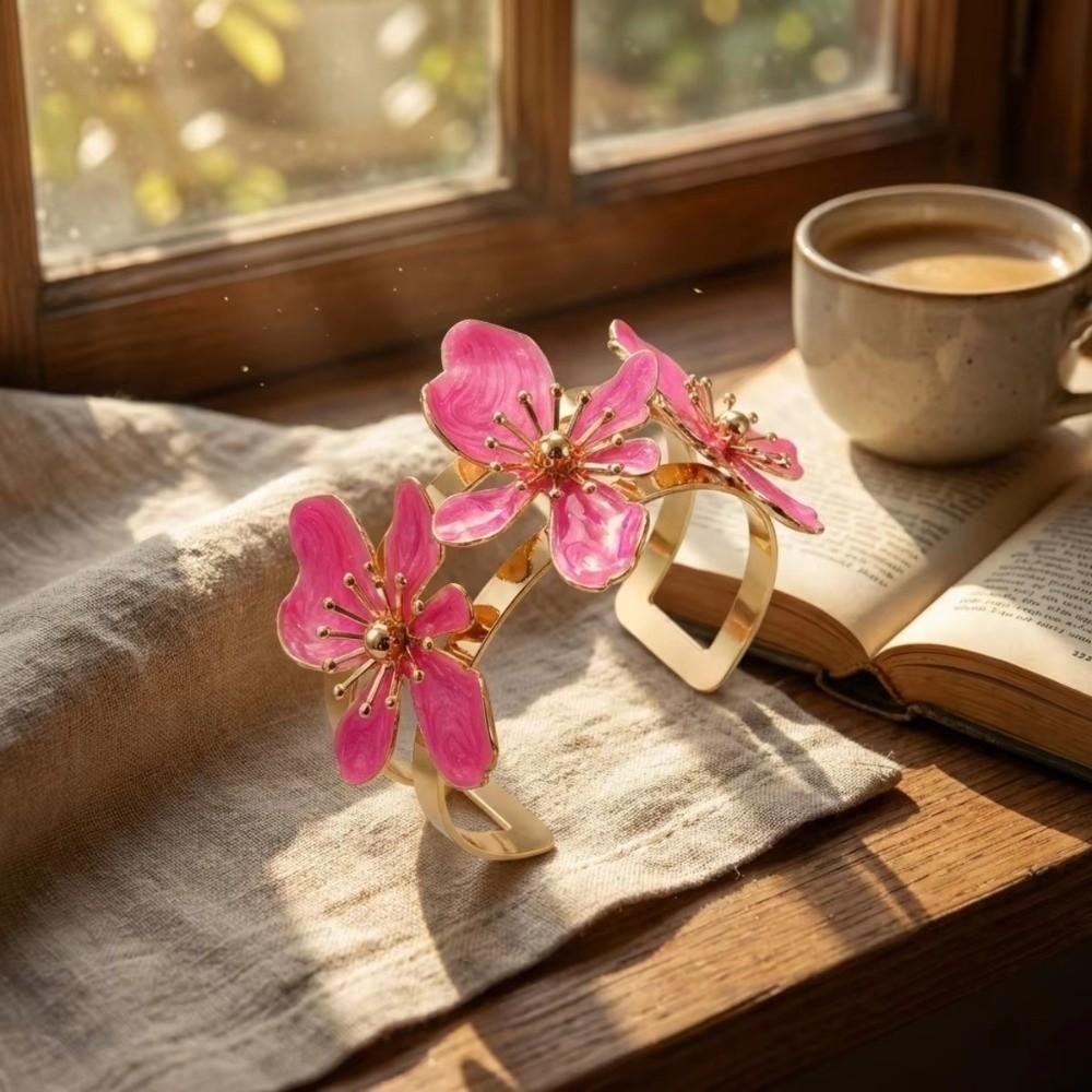 Exaggerated Open Cuff Bracelet Pink White Blue Open Arm Ring Elegant Enamel Flower Bracelet  Women
