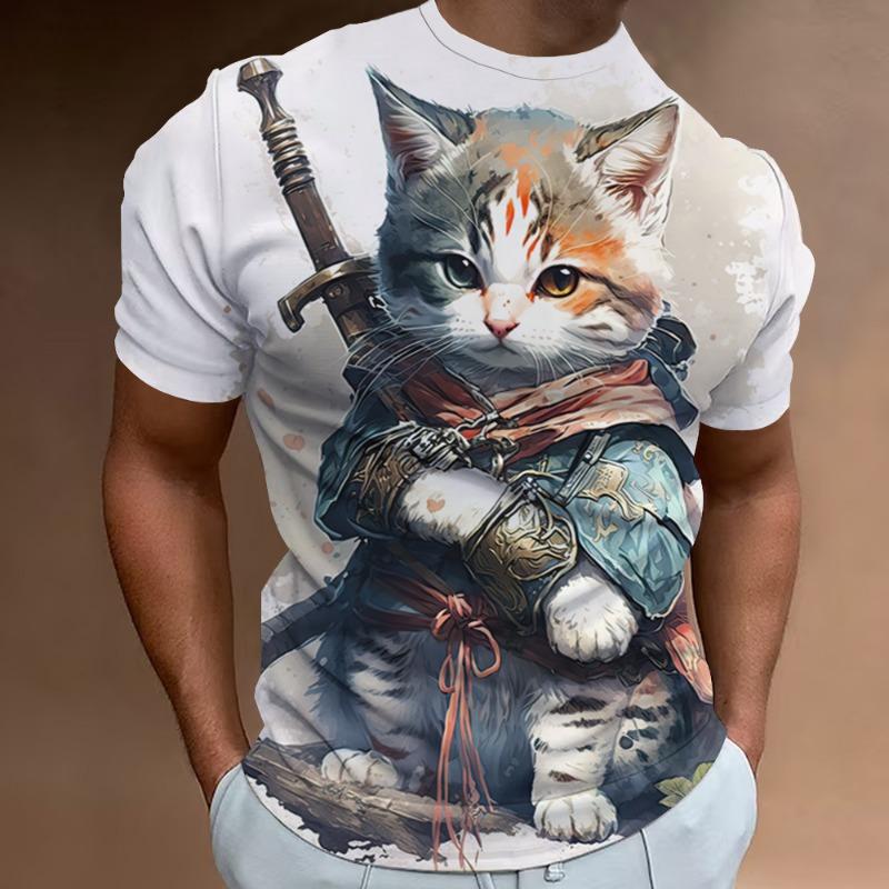 New Retro Men's T-Shirt 3d Samurai Cat Print Short Sleeve T-Shirt For Men Fashion Oversized Man Clothes
