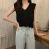 Women's Popular Summer Thin French Versatile Hollow Out Design Irregular V Neck Camisole Knit Top