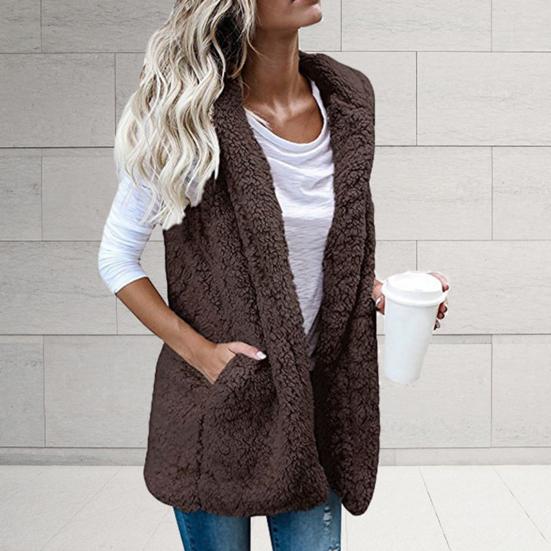 Weste für Damen, einfarbig, Taschen, Herbst/Winter, warm, doppelseitig, flauschig, Weste in reiner Farbe für den täglichen Gebrauch