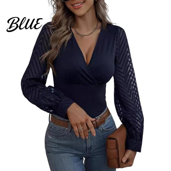 Casual Women Shirt Tops V-Neck See-Through Lantern Long Sleeves Tee Solid Color V-neck Top Slim Fit Pullover Daily Wear Blouse