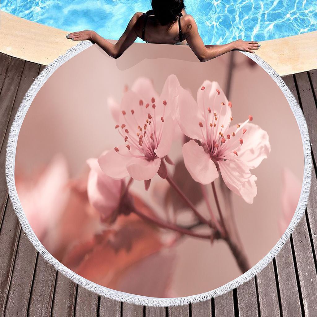 Peach Blossom Pattern Round Beach Towel, Microfiber Lightweight Beach Blanket, Soft Absorbent Quick Dry Pool Towel Picnic Mat