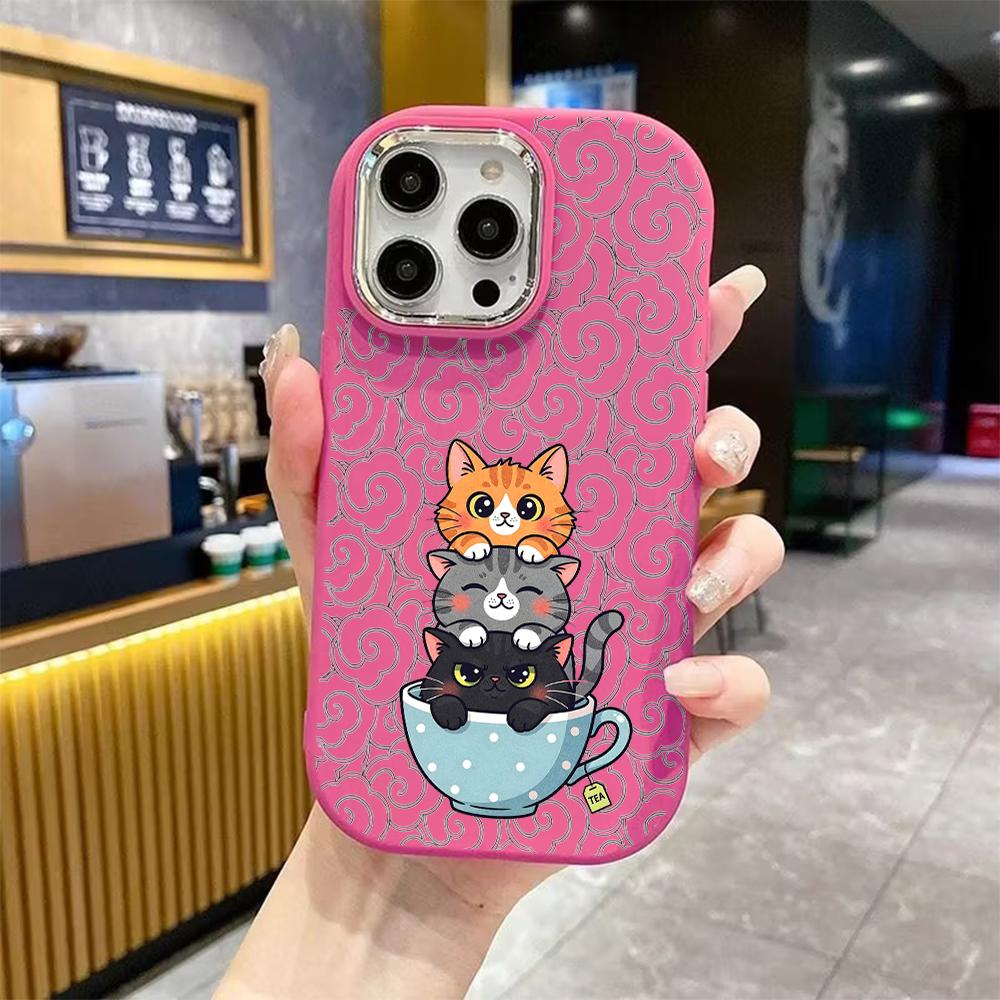 Phone Case: 2D Flat Design Suitable for iPhone 18 17 16 15 14 13 Pro Protective Case, Couple Style, Teacup Cat, Christmas and Halloween Gifts
