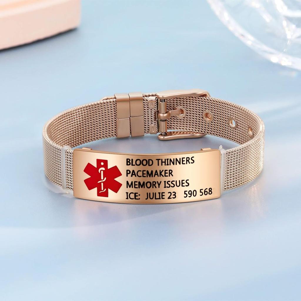 Nameinhea Custom Medical Alert Bracelets for Women Free Engraved Adjustable Stainless Steel Waterproof Emergency Medical ID Bracelets Allergy