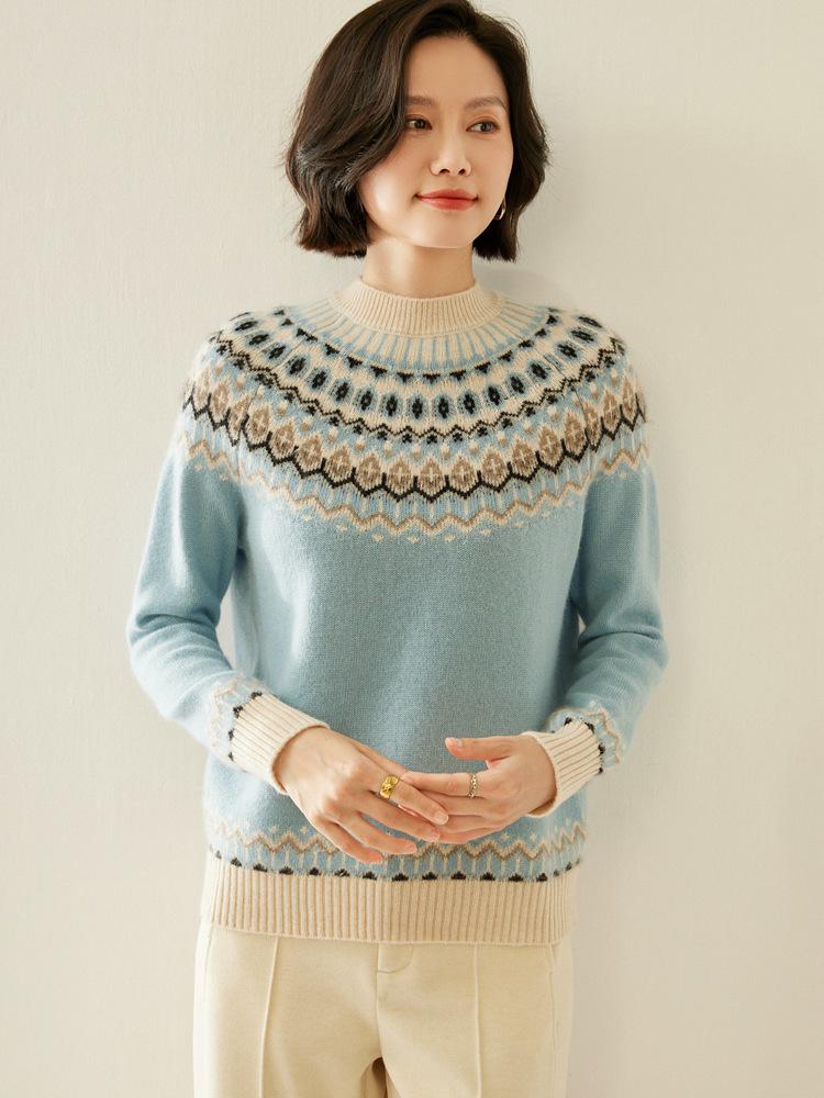 Elegant Fair Isle Jacquard Cashmere Sweater - Autumn/Winter 2026, Half-Neck, Loose & Slimming Design
