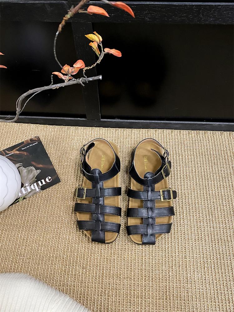 Fashion Baotou Sandals Female Buckle Strap Summer Outside Hollow Weaving Retro French Handmade Vocation Beach Roman Shoe Zapatos Mujer