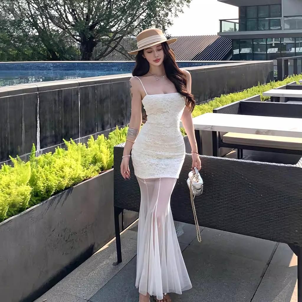 Mesh patchwork white spaghetti strap dress for women, summer lace dress, pure allure style, waist-cinching mermaid dress, hip-hugging long dress