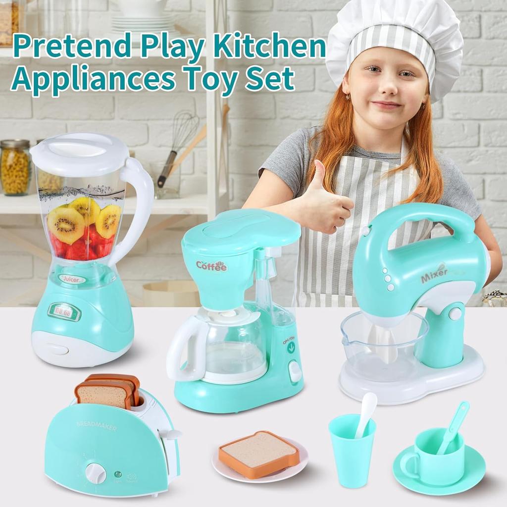 Play Kitchen Appliances Toy Set, Kids Kitchen Accessories Pretend Play Kitchen Toys Playset with Coffee Maker, Blender, Mixer and Toaster for Kids