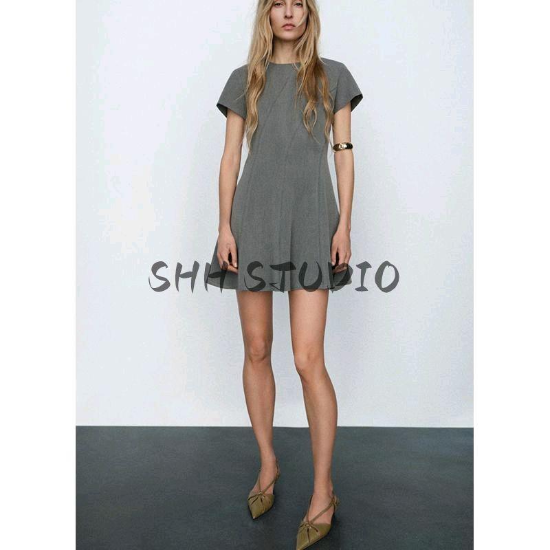 Spring New Women clothes Stitching Decorative round Neck Short sleeve A- line Hem Mini Dress 2121023