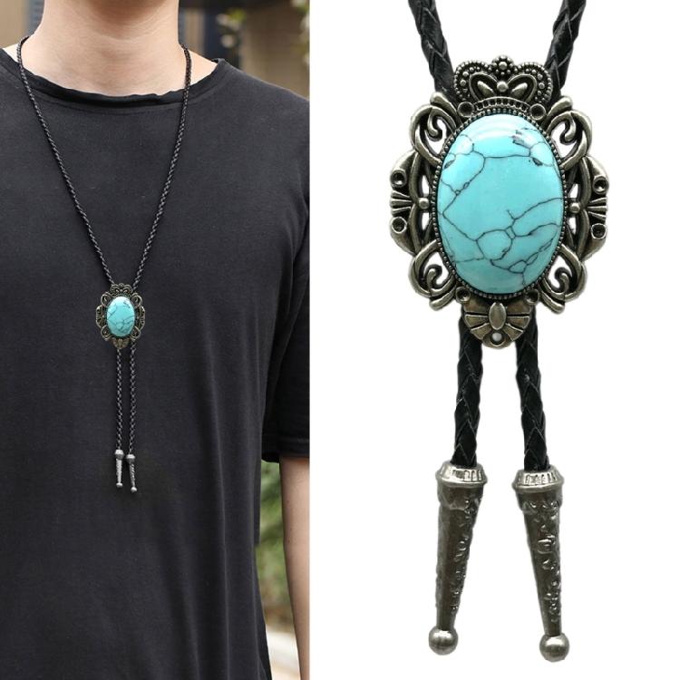 Western Cowboy Vintage Metal Flower Crown Stone Pendant Bolo Tie Braided Leather Rope Necktie Necklace Jewelry Neckwear