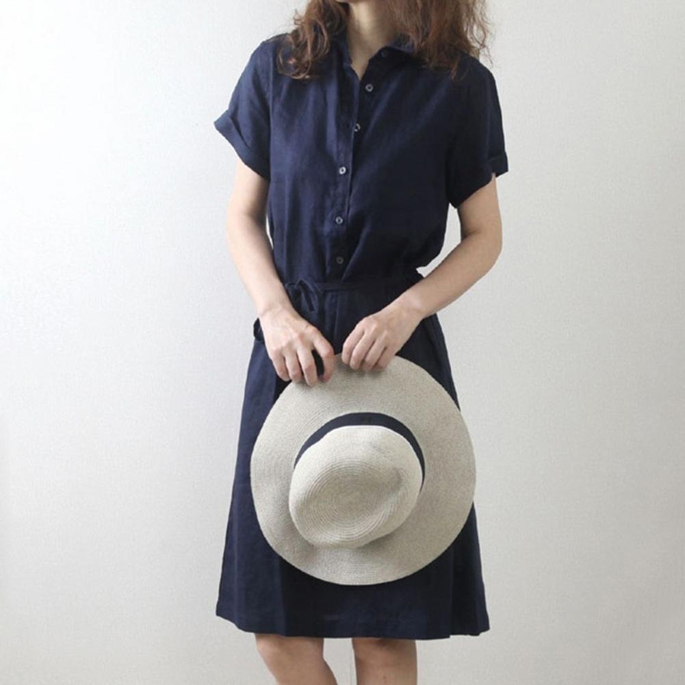 Summer Lady Dress Turn-down Collar Short Sleeves A-line Big Hem Pure Color Lace-up Strap Half Single-breasted Midi Dress Dating