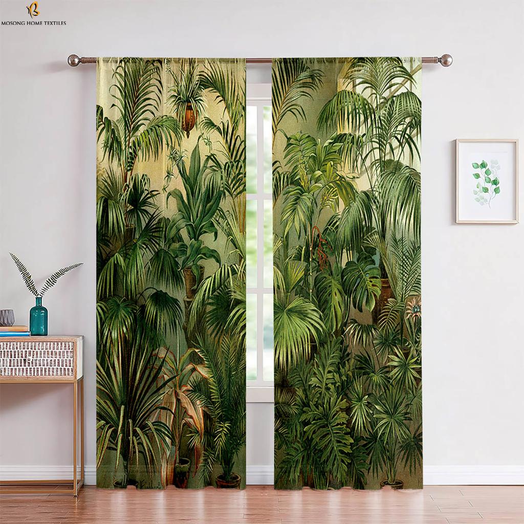 2pcs Tropical Vegetation Leaves 3D Printed Curtain Rod Pocket Machine Washable Bedroom Living Room Kitchen Decorative Curtains