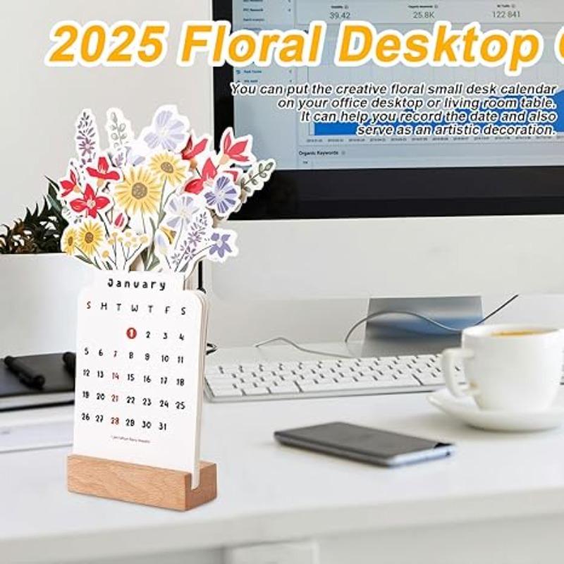 2025 Flower Vase Calendar Creative Flower Desk Calendar with Wooden Base Bloomy Flower Mini Desk Calendar for Office