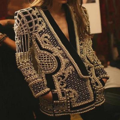 Women's Beaded V-Neck Long Sleeve Retro Jacket