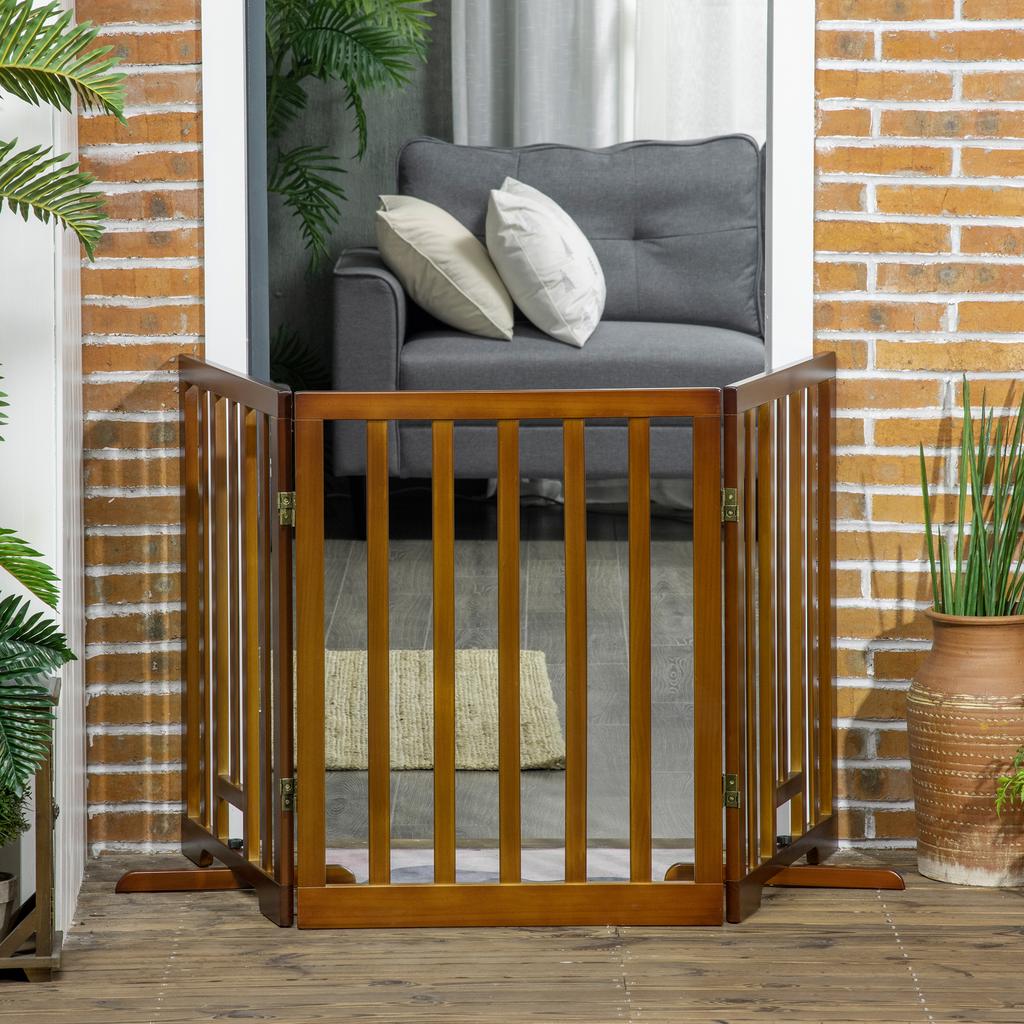 Foldable Dog Gate with 3 Panels with Anti-Slip Feet for Corridors, Stairs and Rooms, In Pine Wood, 181x35x76 Cm, Dark Brown