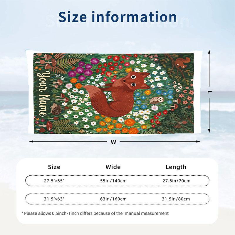 Fox Owl Flowers Theme Quick Dry Beach Towel Custom Name Text Print Large Sand Resistant Towel Beach Vacation