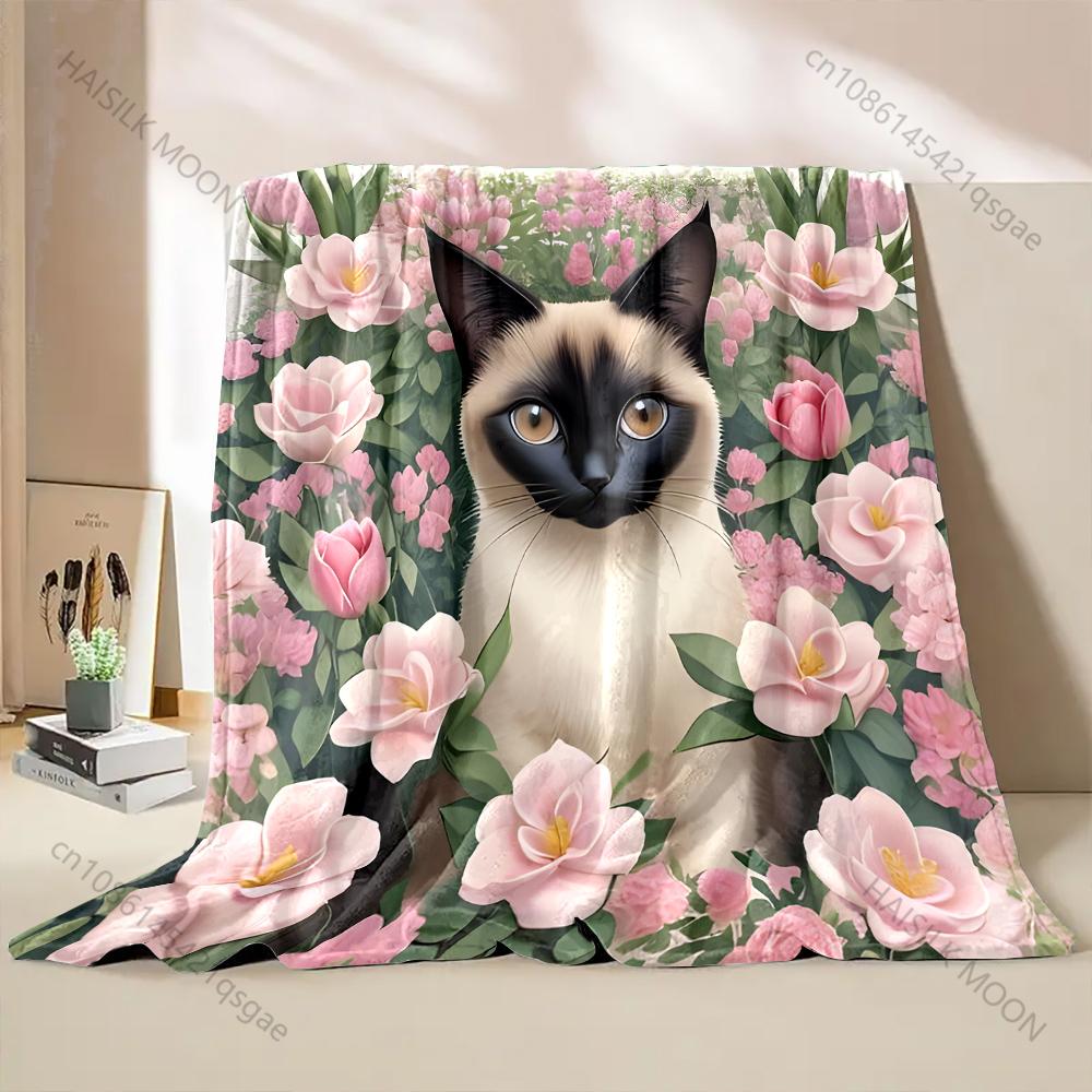 Multi-size Cat and Pink Roses Pattern Blanket Flannel Material Soft Warm for All Seasons Home Outdoor Camping Picnics RV