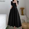 ZANZEA Women Casual Square Collar Elegant Short Sleeve Long Dress