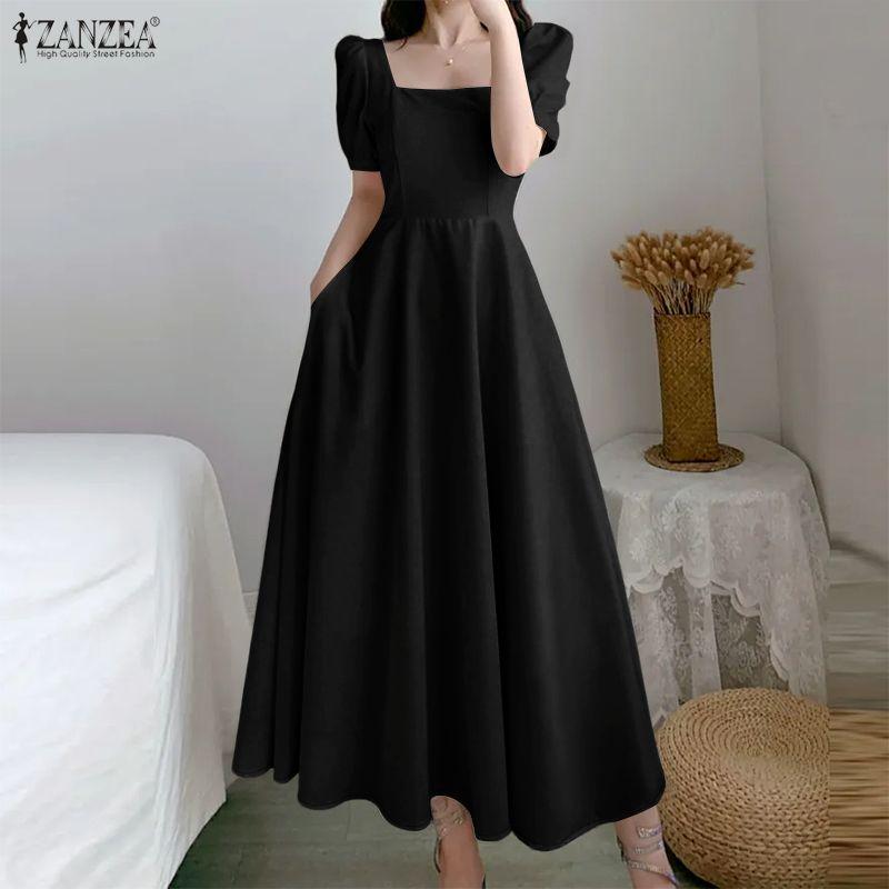 ZANZEA Women Casual Square Collar Elegant Short Sleeve Long Dress