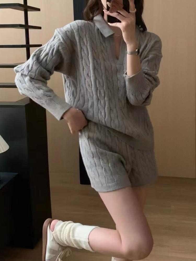 Winter Casual Loose Fit Tracksuit Oversized Pullover Long Sleeve Knitted Sweater Suit High Waist Shorts Two Piece Set Women Clothing