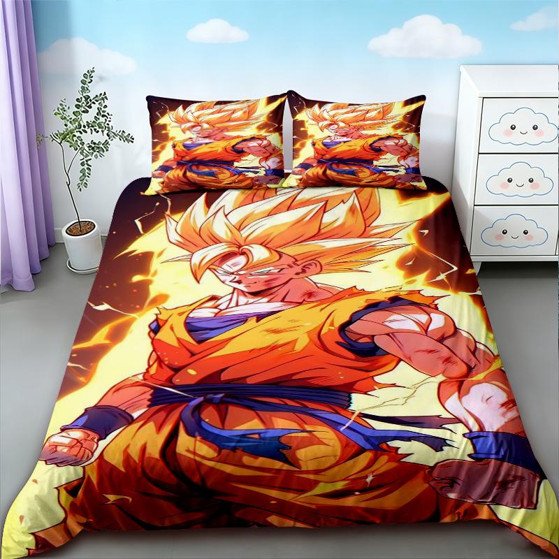 Anime 3pz Copripiumino Dragon Ball Goku Cartone Animato Set Biancheria da Letto Coperta Trapuntata per Bambini Dimensioni Queen King per Decorazione Camera da Letto Regali