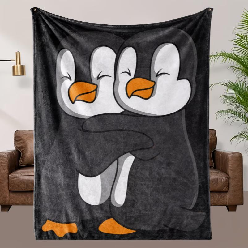 A Comfortable Cute Double Penguin Theme Fleece Blanket, Soft High-Definition Digital Print Soft, Breathable All-Season Family 75x90cm