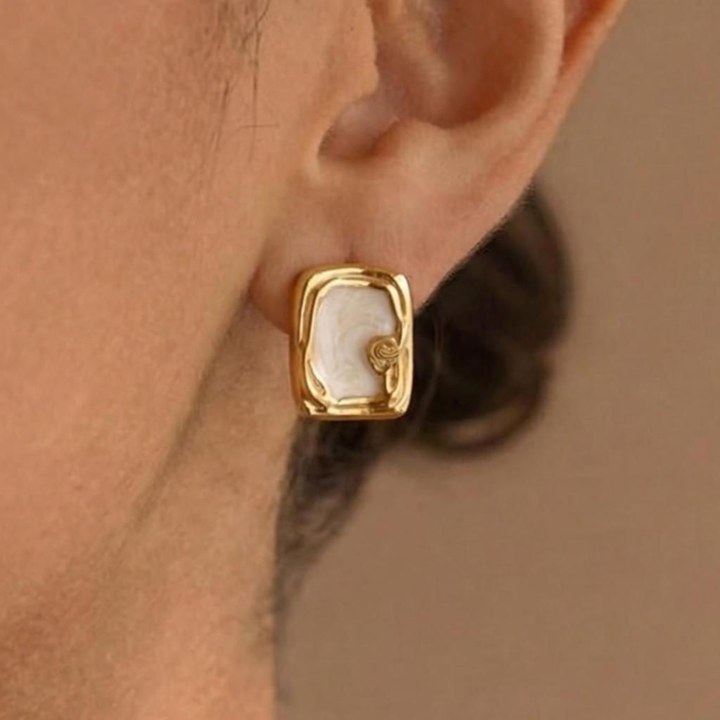 Elegant Retro Geometric Square White Oil Drop Stainless Steel Earrings for Women