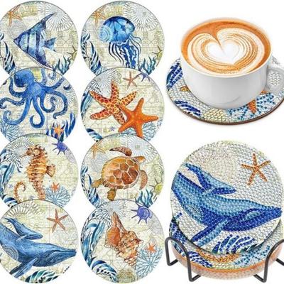 8 Pieces/set of Diamond Painted Ocean Patterned Coasters, DIY Coasters with Holder, Suitable for Beginners and Adults, Art and Craft Supplies Gifts