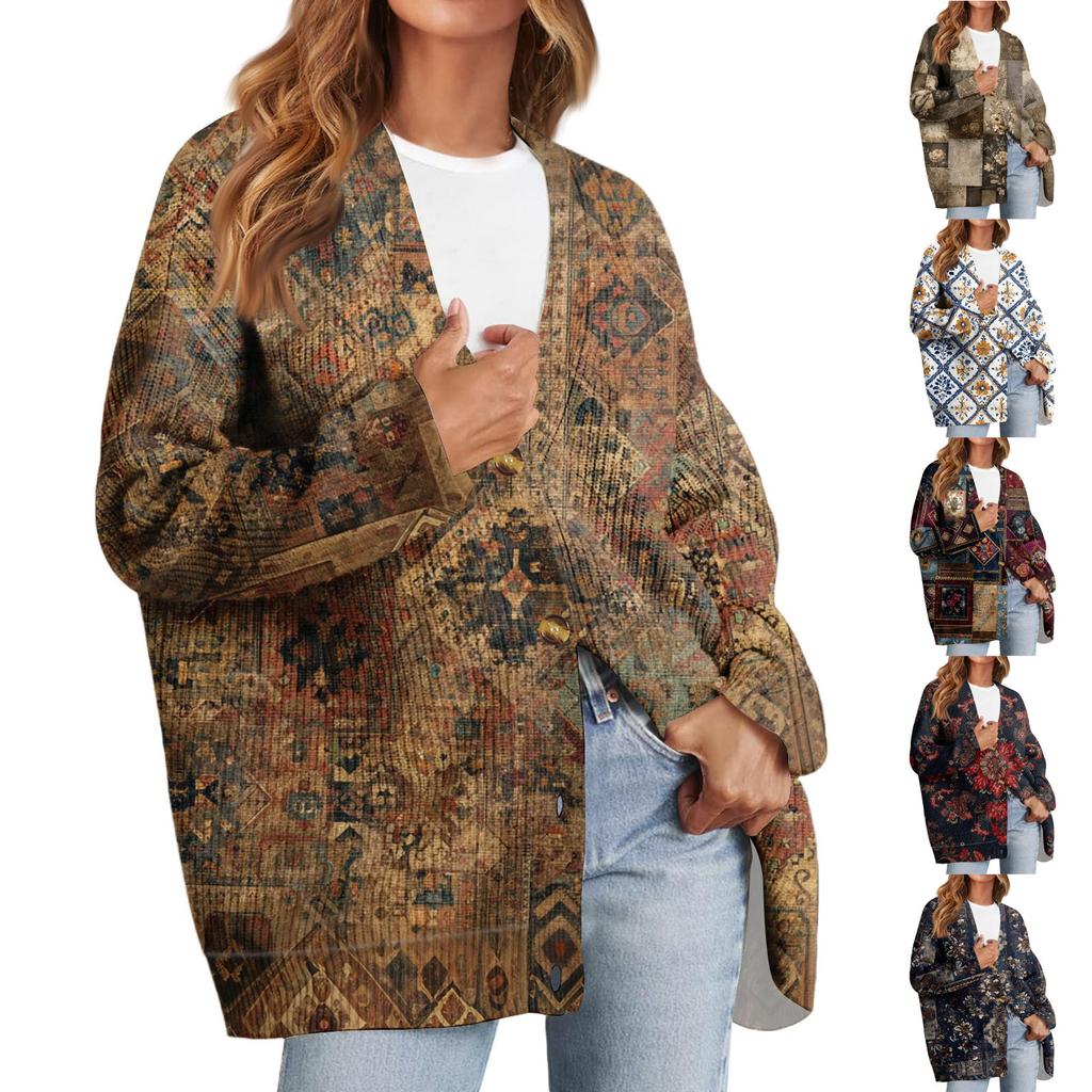 Women's Fashion Long Sleeve Print V-Neck Button Loose Cardigan Top