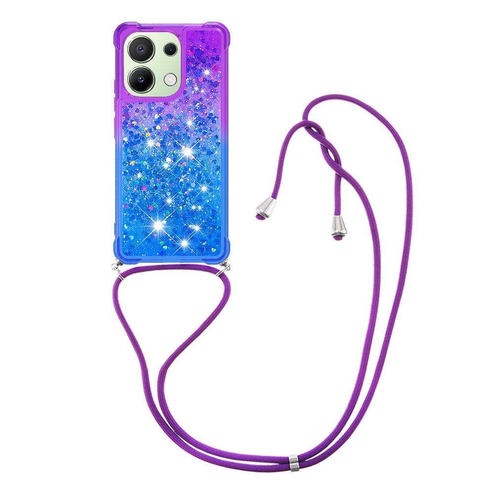 

For Xiaomi Redmi Note 13 4G TPU Case Gradiant Quicksand Shockproof Cover with Lanyard Purple+Sky Blue