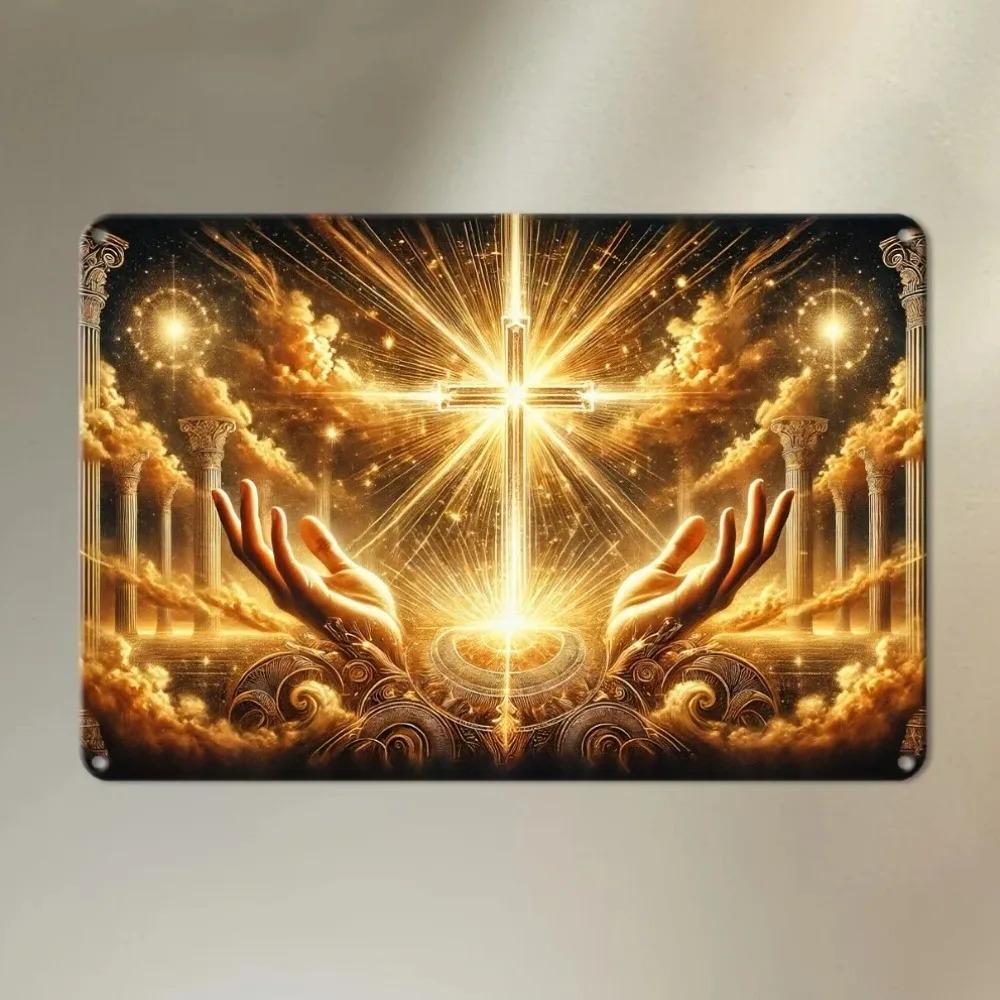 Retro Metal Wall Art Sacred Hand of Jesus Sign Religious Decor for Home Bedroom Bar Yard