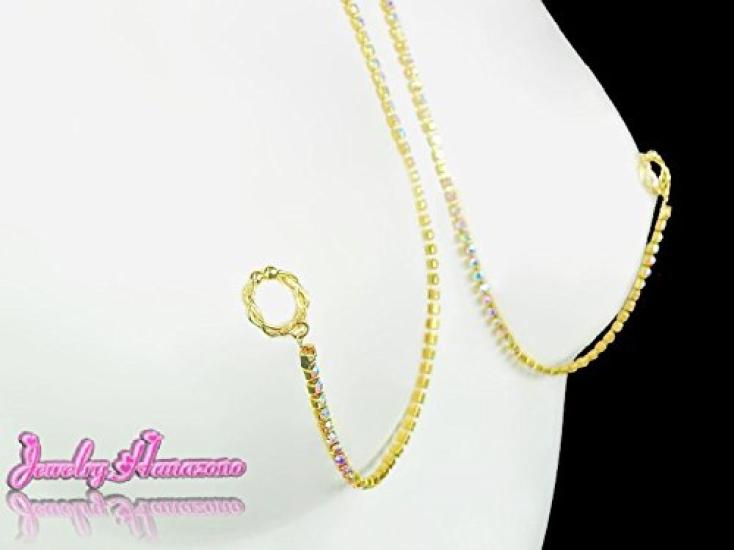 Hanazono Jewelry Oval Closed Diamond Lane Nipple Necklace with Crystal AB Gold Aurora Design, Nipple Accessory, Nipple Ring, Nipple Necklace,
