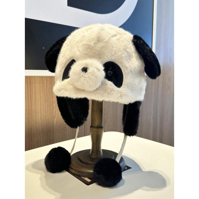 Cute three-dimensional panda furry hat female autumn and winter cartoon warm ear hat windproof face little man