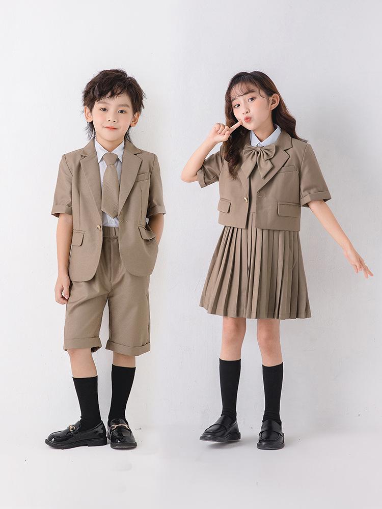 British Style Summer Short Sleeve Kindergarten Uniform Set for Boys and Girls