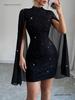 European-American Women's Pearl Chiffon Cape Bodycon Dress with Ribbed Round Neck