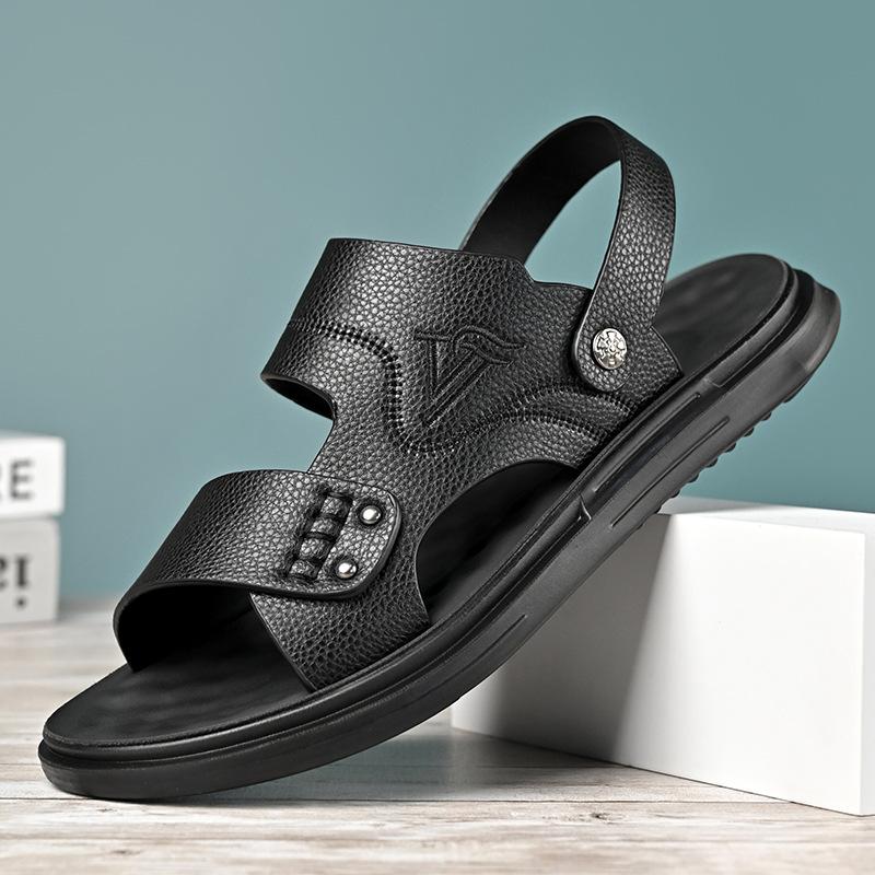 Fashion Solid Color Leather Sandals for Men 2025 Summer New Designer Anti-slip Soft Sole Beach Shoes Male Outwear Dual-use Slipper Shoes