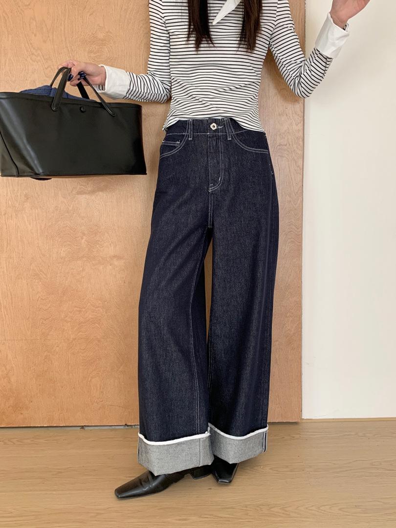 GAGD Dark Blue Tencel Denim High-Waisted Wide-Leg Pants, Floor-Length, Rollable, Fade-Resistant, Slimming Fit M