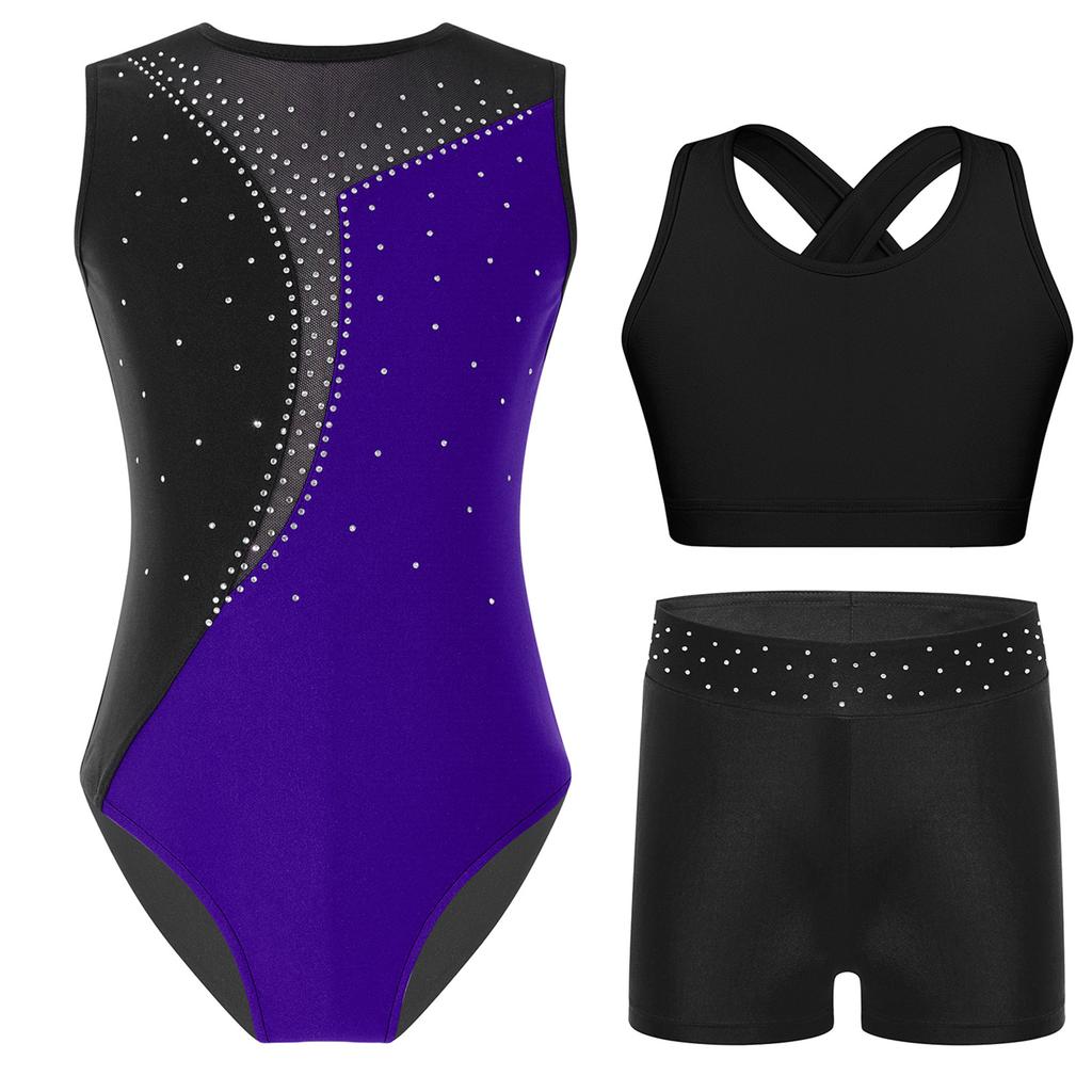 Ärmelloses Tanzset für Mädchen Glitzernde Strasssteine Kontrastfarben Gymnastik-Leotard mit Shorts und Top