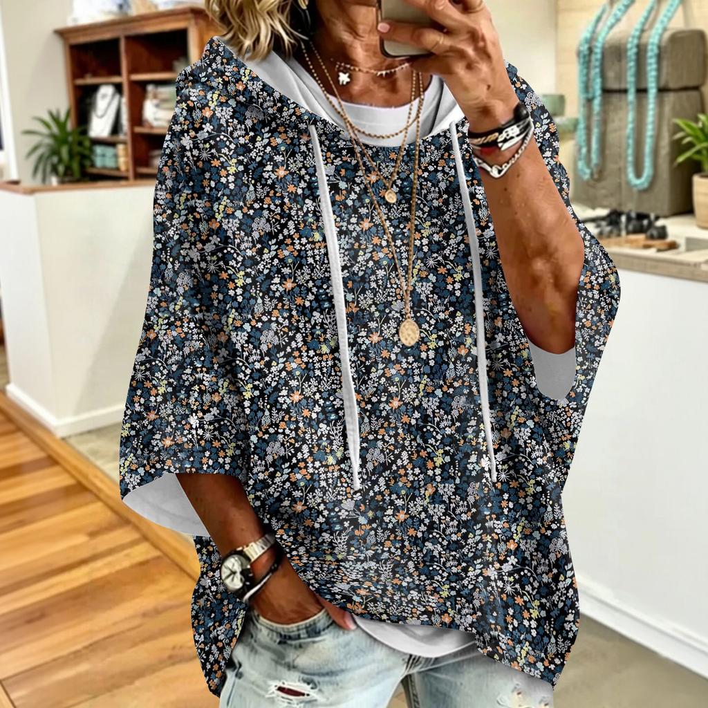 Women's Drawstring Hoodie Retro Floral Print Loose Fit Casual Sweatshirt