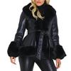 Chaqueta de manga larga con bolsillos y cinturón de punto abierto para mujer, abrigo de piel sintética con adornos de felpa para otoño e invierno